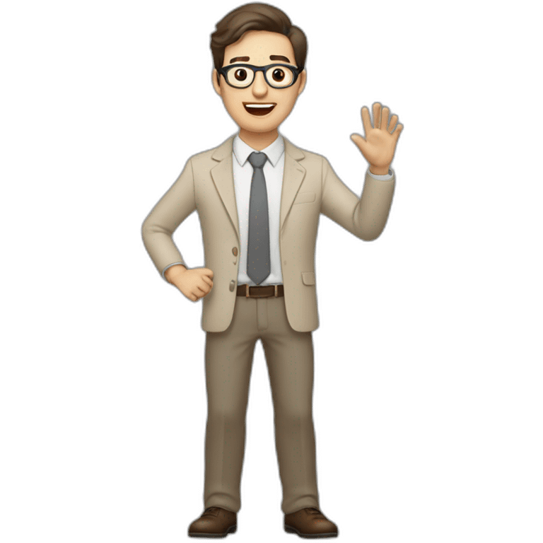 To belt Actively gesturing with hands Pale skinned fit man teacher with dark brown hair in gray jacket, beige office shirt, brown tie, brown pants and vintage glasses. emoji