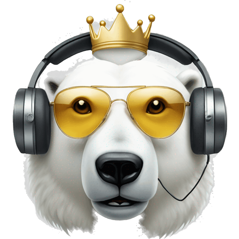 polar bear, cute emoji face, looking forward, remix dj, wearing cool sunglasses and over ear headphones and a fun crown emoji