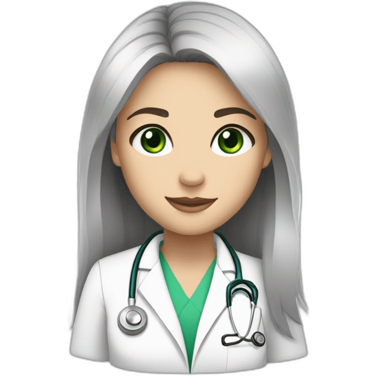 doctor, black hair, girl, white skin, straight hair, green eyes emoji