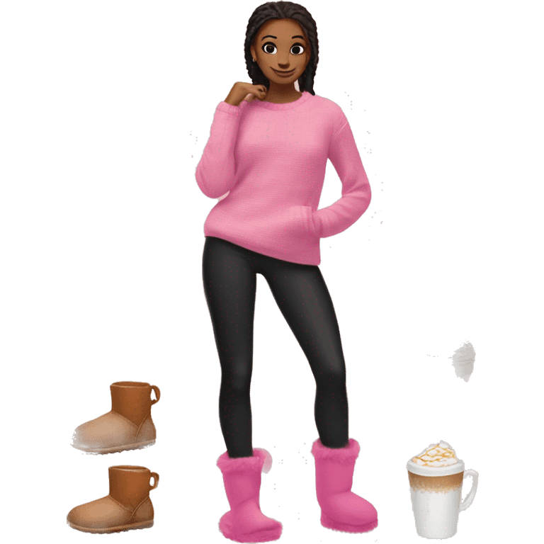 Pink uggs, sweater, black leggings and pumpkin spice latte emoji