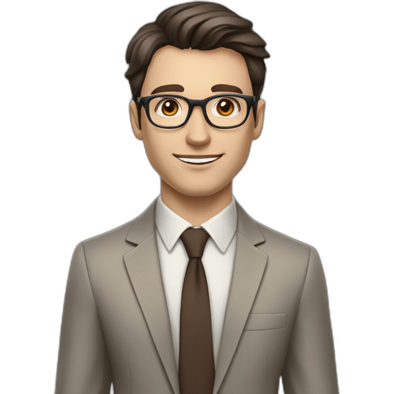 Pale skinned fit man with dark brown hair in gray jacket, beige office shirt, brown tie, brown pants and vintage glasses Writing on the flipchart emoji