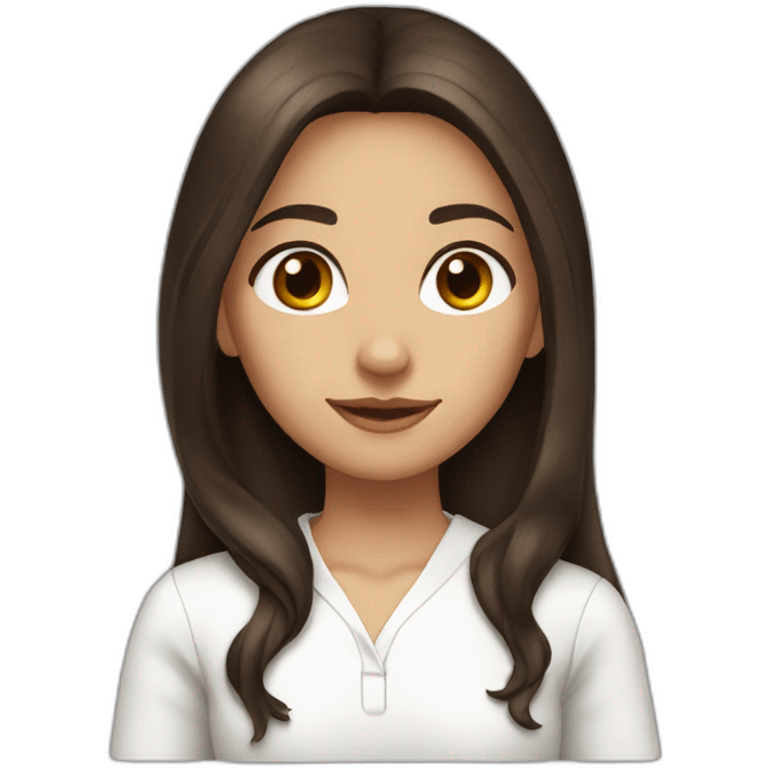 A girl with long dark brown hair, wearing a white shir, with brown eyes and slightly tanned emoji