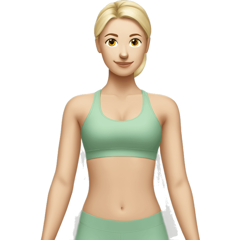 white girl doing pilates on a sage sport bra and leggings  emoji