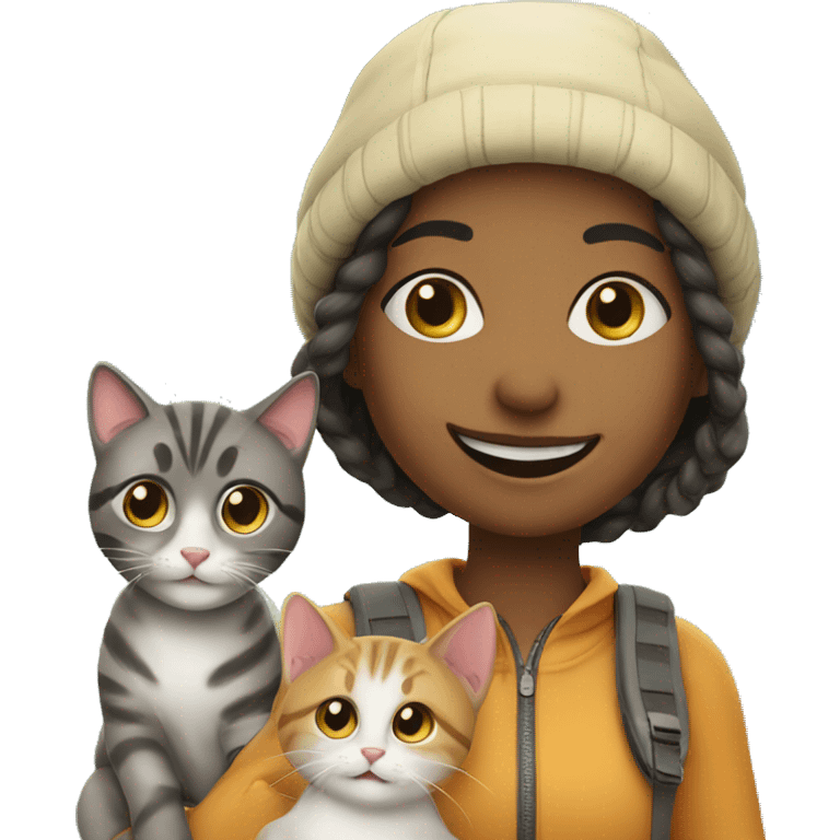 smiling girl in outdoor outfit with 2 cats emoji