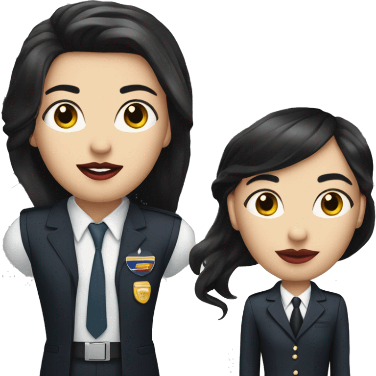 Flight attendant with long black hair, red lips and white skin with a pilot man with white skin and black hair emoji