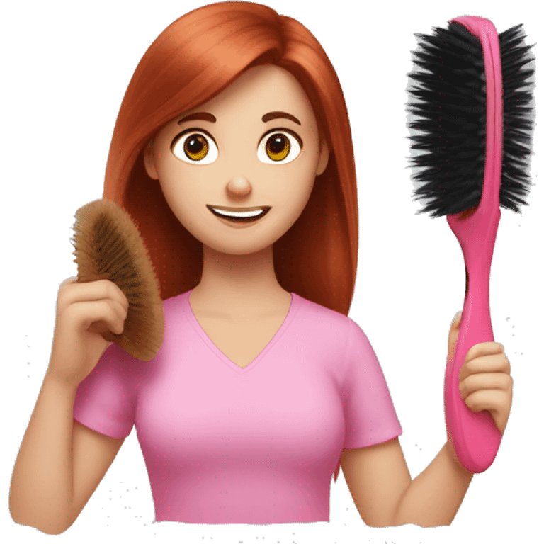 girl with auburn hair and a pink shirt brushing her hair with a boar bristle brush emoji