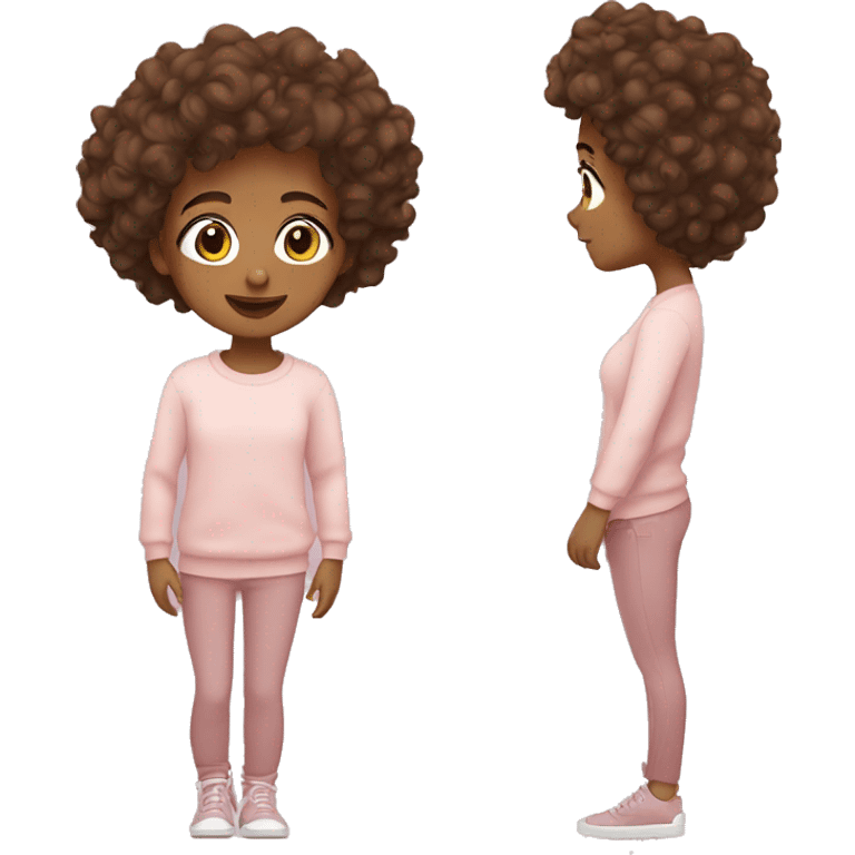 Tan skin girl with curly brown hair, brown eyes with a light pink sweater emoji