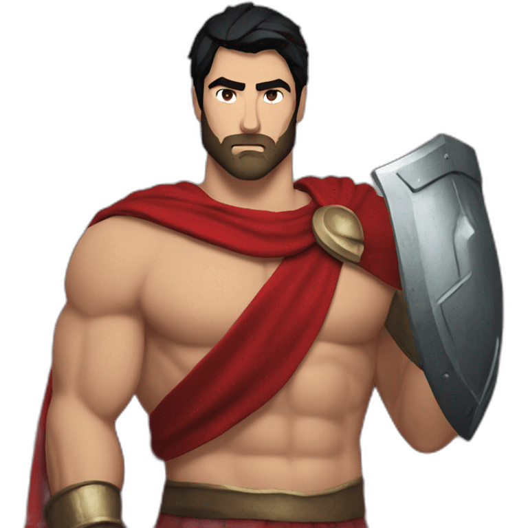 The Spartan Leonidas. Muscly physique. Wearing a red cape. Masculine. Black hair. Blue eyes. No beard. emoji