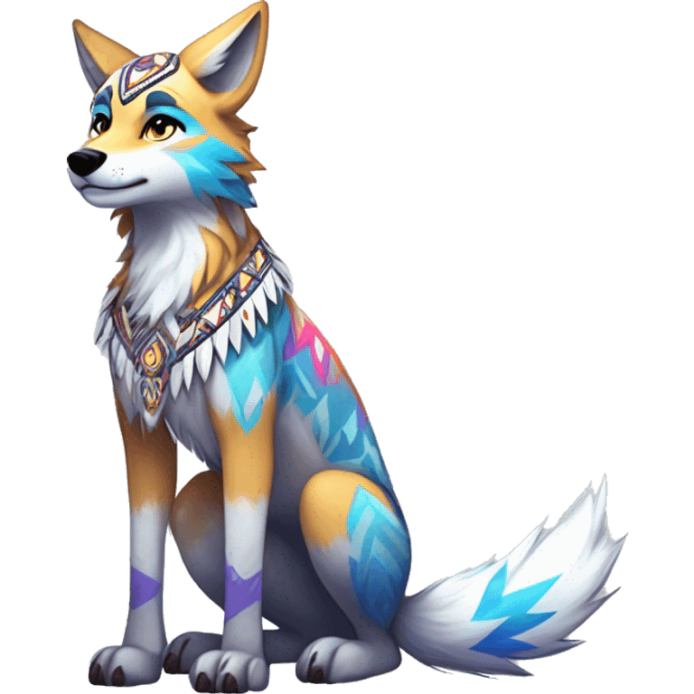 Anthro Colorful Shiny Fionbri-Falvie-sparkle-wolf-sona with tribal markings full body emoji