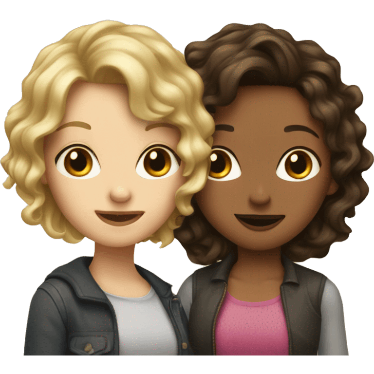 a blonde girl with wavy hair and a brunette girl with short hair kissing emoji