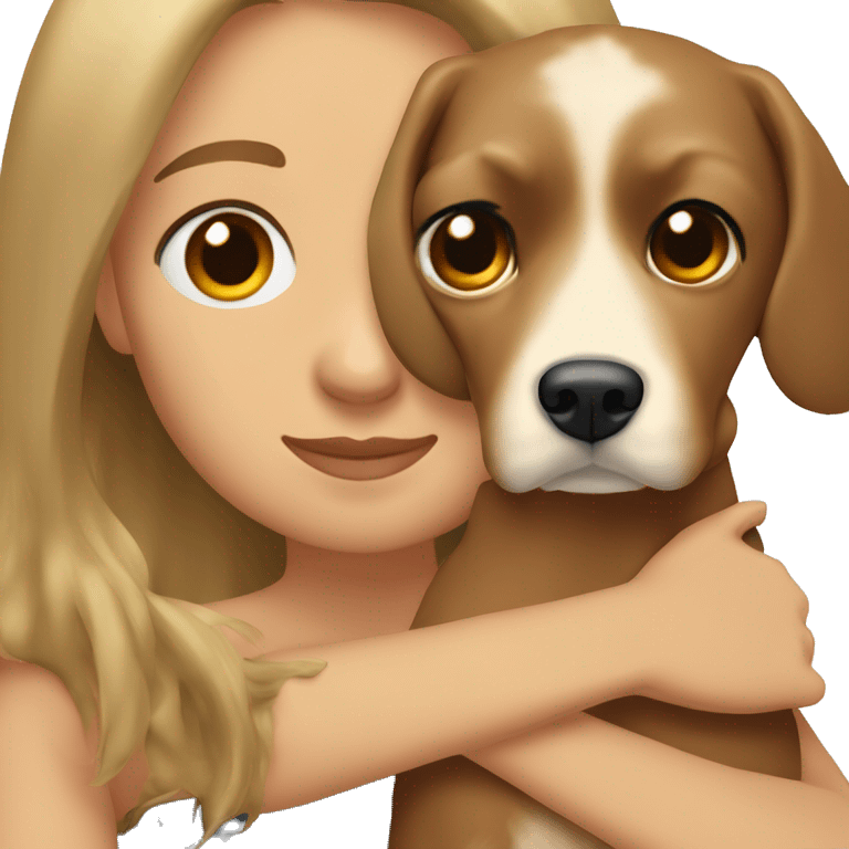 Woman with long and straight hair with dark hair and some blonde lines, hugging a cocker spaniel emoji