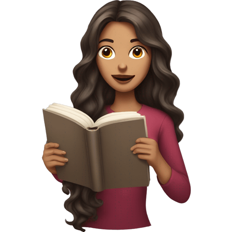 brunette long wavy hair woman biting lip while holding and reading book emoji