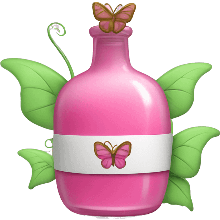 Pink potion with green vines wrapped around it with a pink butterfly sitting on top emoji