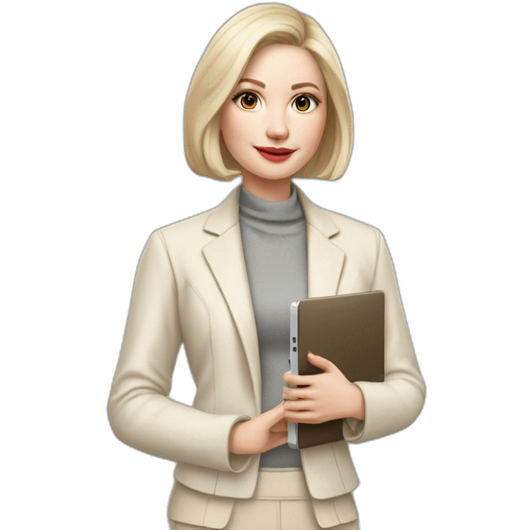 pale skin woman with ash blonde Straightened bob Hair, White Spacious classical jacket, beige palazzo Arrow pants and gray blouse holding a MacBook in the hands emoji