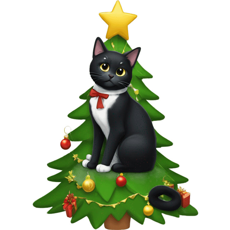 Black tuxedo cat sitting Christmas tree  emoji