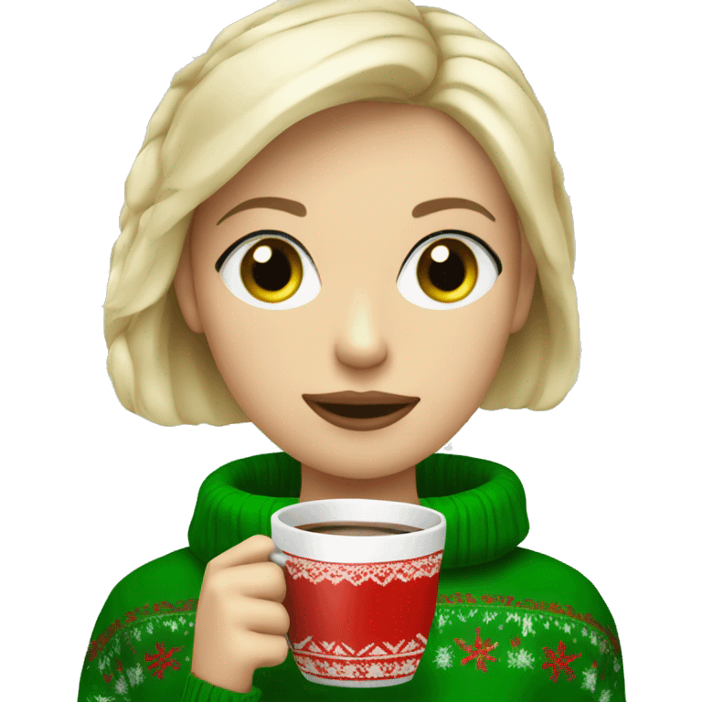 Short haired blonde girl with green eyes drinking coffee wearing Christmas sweater emoji