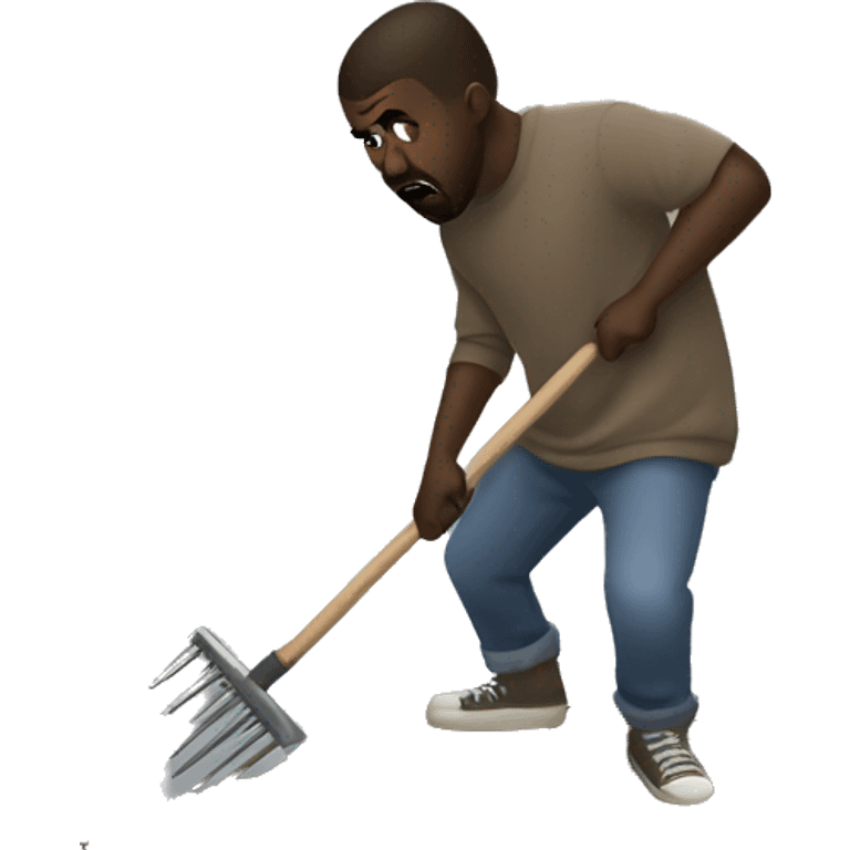 Kanye West fighting against a giant hybrid of a mole and a rake emoji