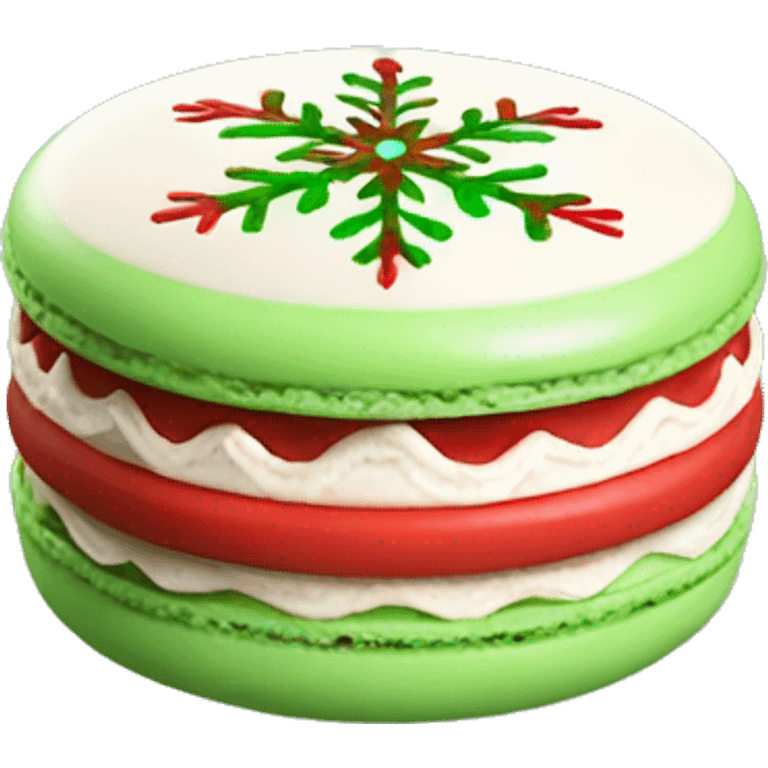 Macaron decorated with red and green snowflakes and a creamy white filling emoji