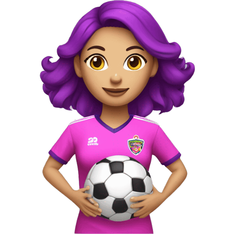 Mujer vestida de tacos y uniforme de fútbol soccer de color rosa y morado pateando un balón de soccer  emoji