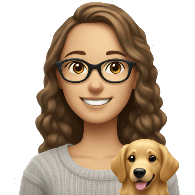 Smiling Caucasian brunette girl in sweater with glasses with smiling golden retriever emoji