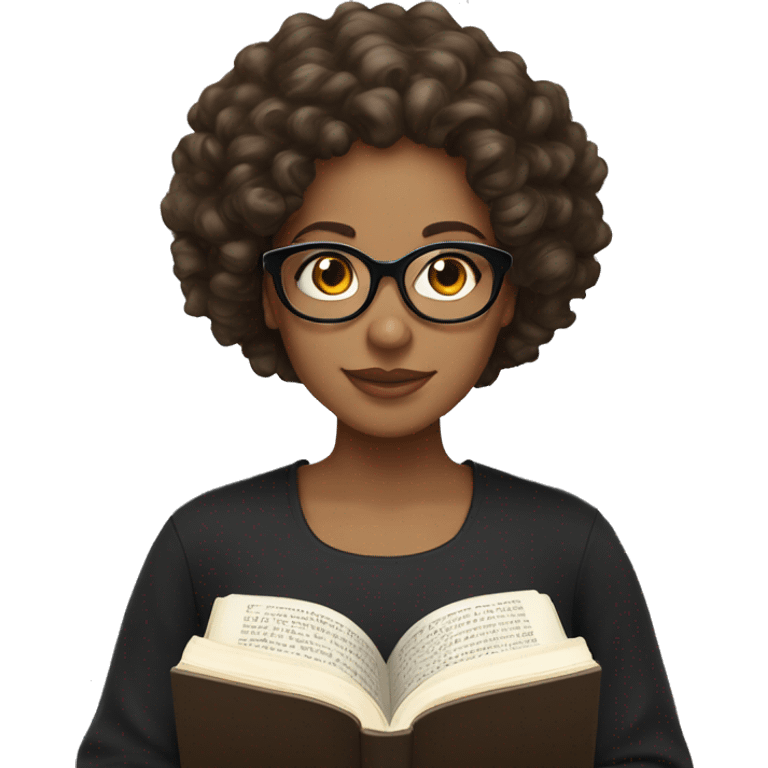 A women with brown medium curly hair, light skinned, full cheeks, black shirt and black glasses reading the Bible  emoji