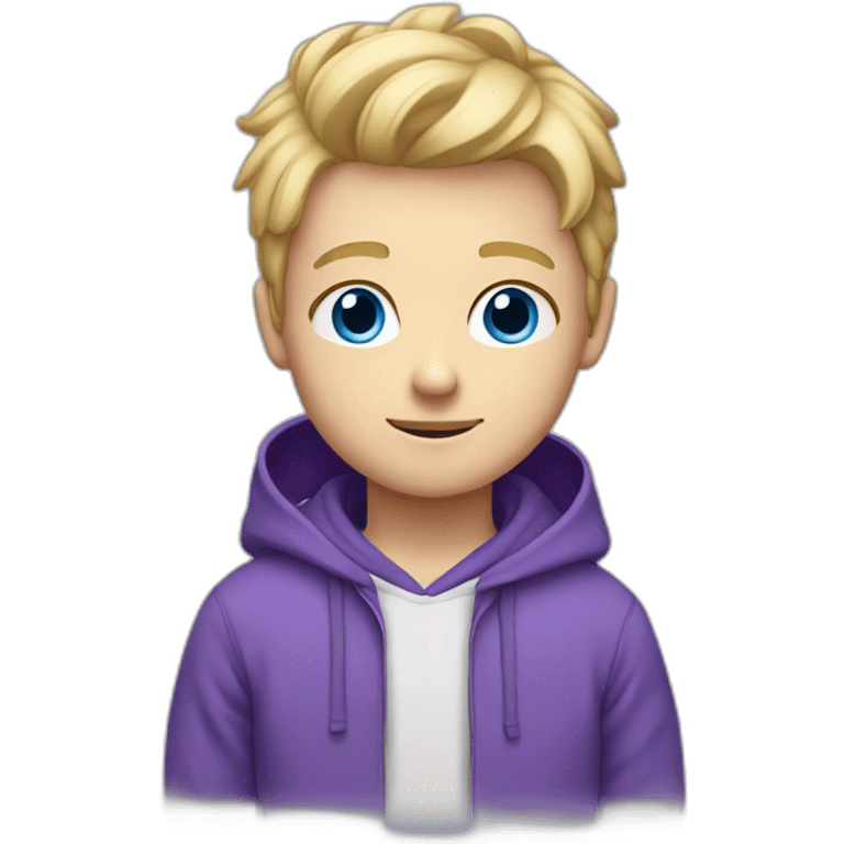 white boy with blond hairs, blue eyes, a purple hoodie emoji