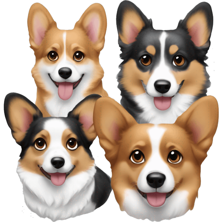 Three corgis. One is a red headed tri, one is a black headed tri, and one is a blue Merle with blue eyes emoji