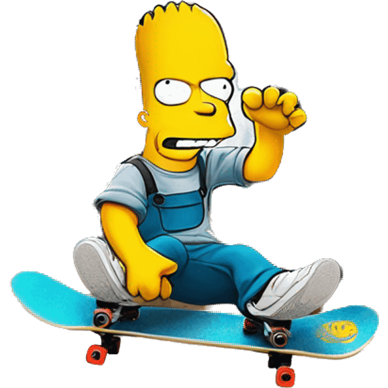 Bart Simpson, skateboard under his arm, poses in front of a graffiti-covered wall. He's giving the camera a playful smirk emoji