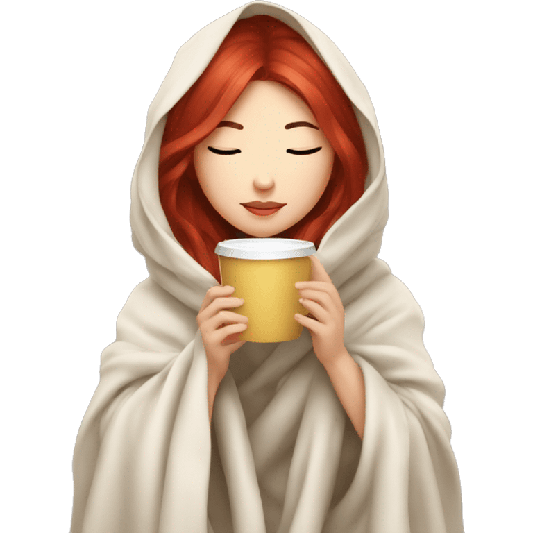 asian girl inside a blanket sipping coffee eyes closed red hair emoji