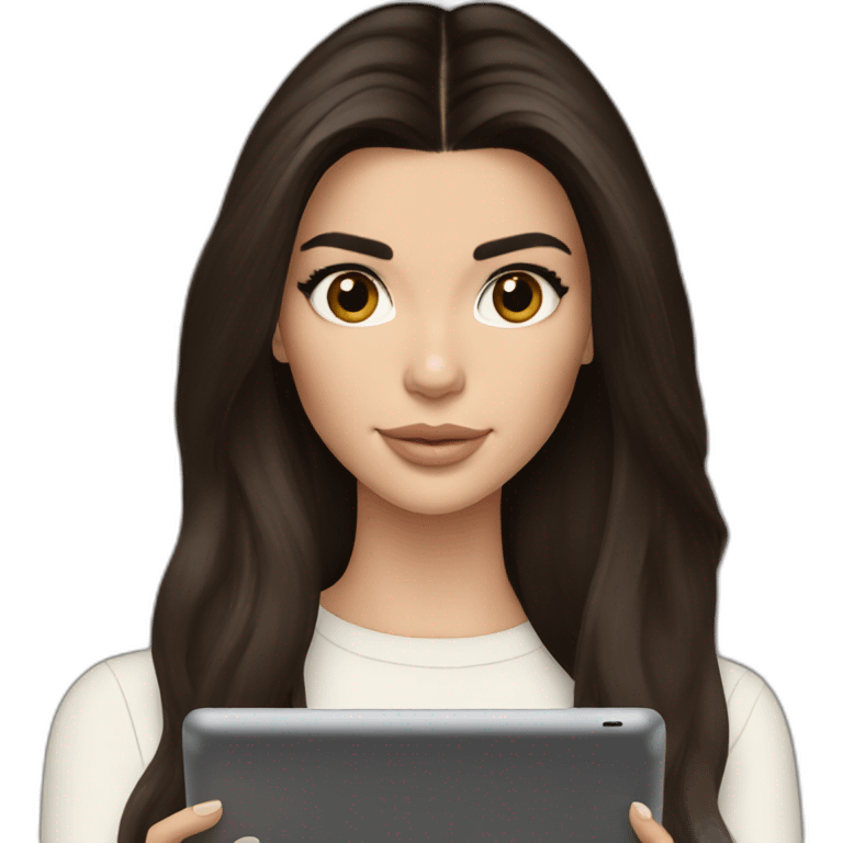 brunette Kendall Jenner with long hair holding iPad emoji