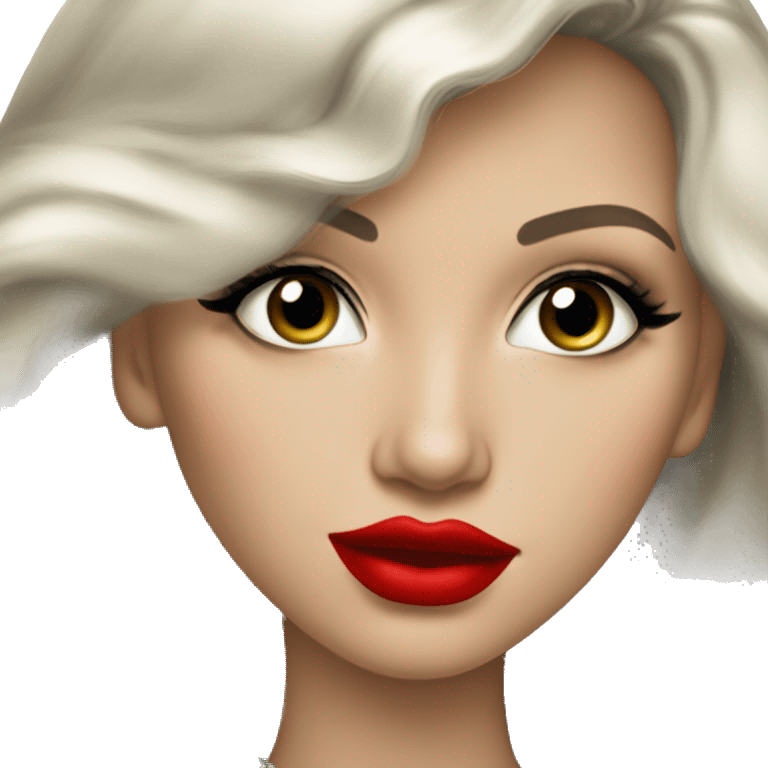 Russian Blonde long hair with big red lips small nose and black eyes Tiffany diamond seller in a grey suit emoji