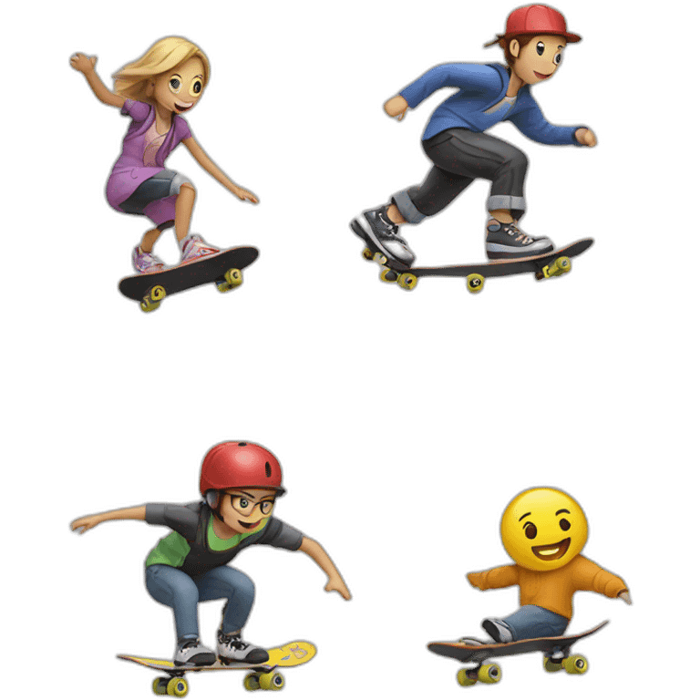 two characters are skateboarding and one character is rollerblading and all three are rolling on a puddle emoji