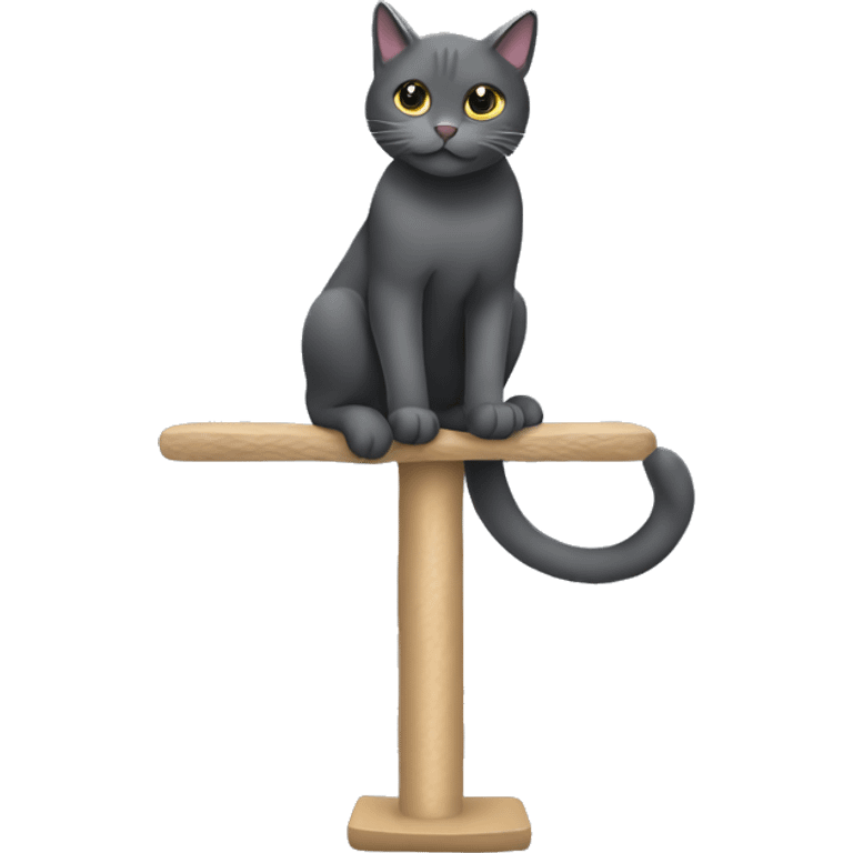 A dark grey cat stretching on a cat tree emoji