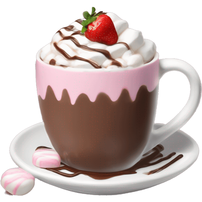 hot chocolate with mug and whip cream and chocolate drizzle and pale pink strawberry and marshmellows emoji