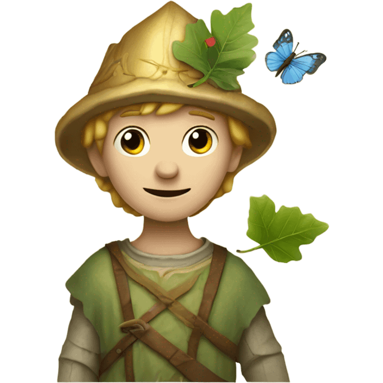 Medieval little whimsical boy who is pale and he has a leaf hat and is riding a butterfly emoji