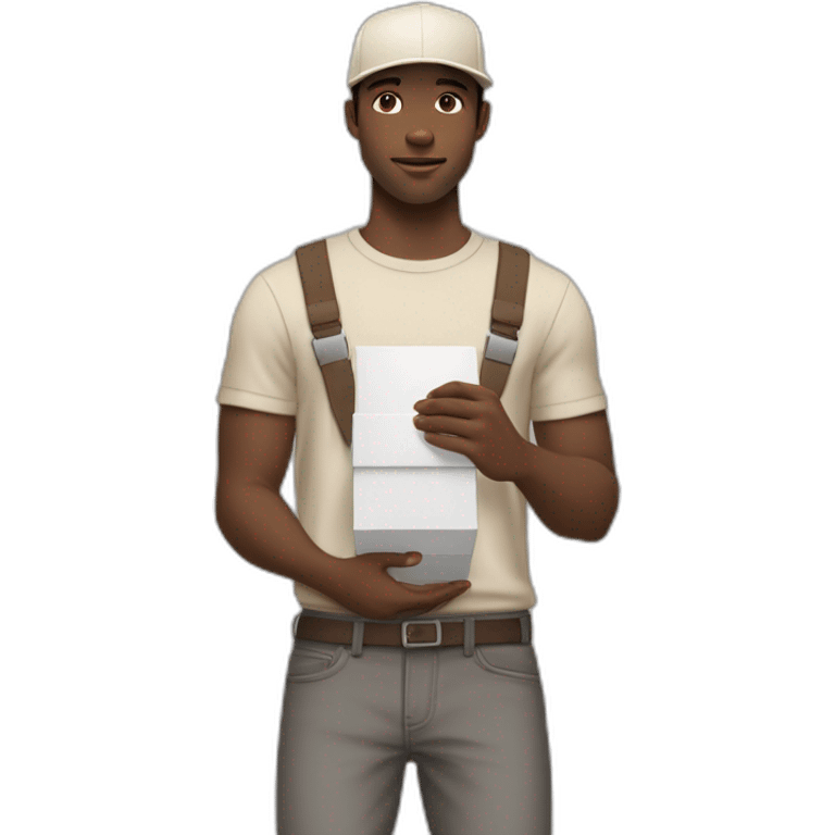 Pale skinned fit Man with dark brown hair in a beige cap, gray jeans, brown polo and white T-shirt keeping a pasted with tape white box into his hands emoji