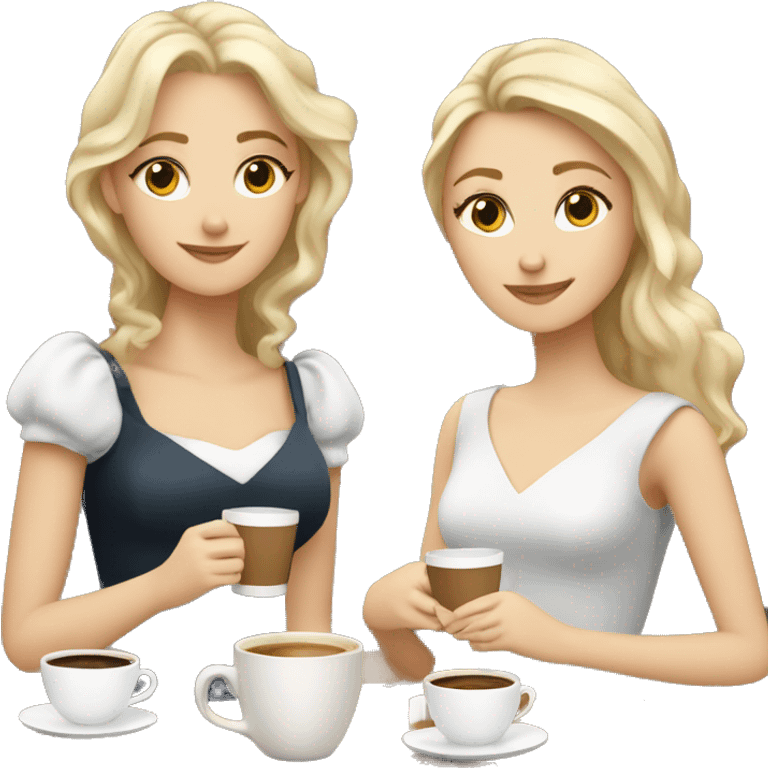 Four beautiful white european girls, one with blond hair and two dark blond hair in dresses have coffee emoji