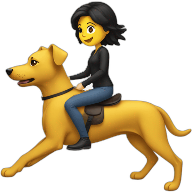 White woman with a black hair ridding a yellow dog emoji