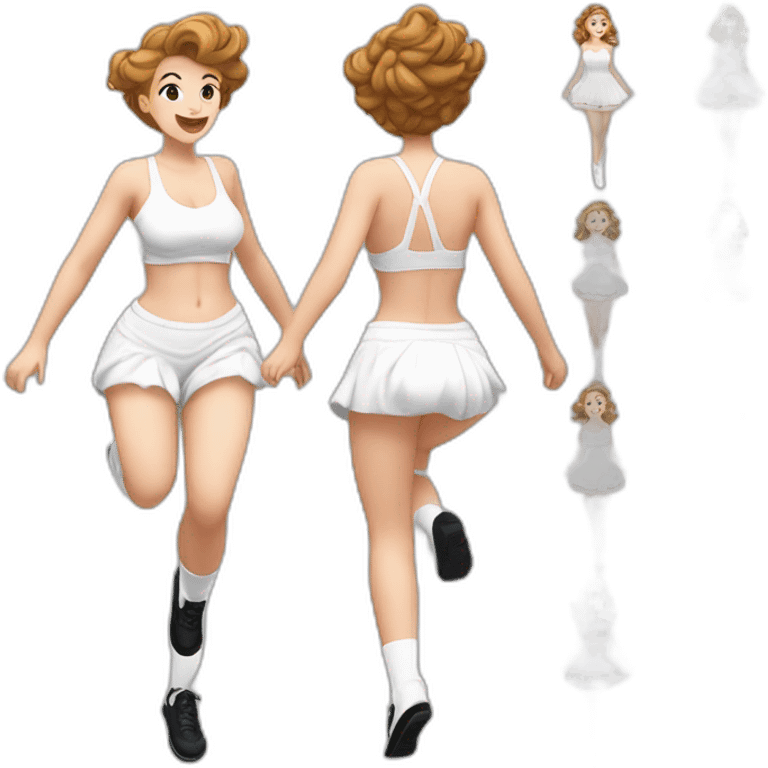 full body caucasian curvy beauty jumping short black skirt back and front views strong wind white knickers long white socks emoji