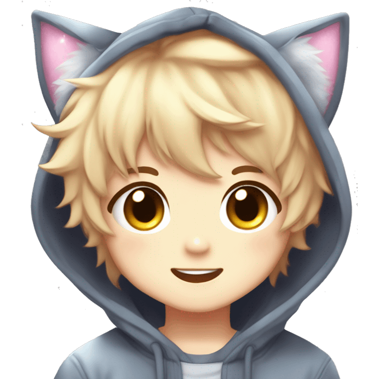 Cute Kawaii Beautiful Gorgeous Sparkly Shiny Blushing Anime Style Romantic Shojo Catboy With Pretty Hair And Hoodie Trendy Style Outside emoji