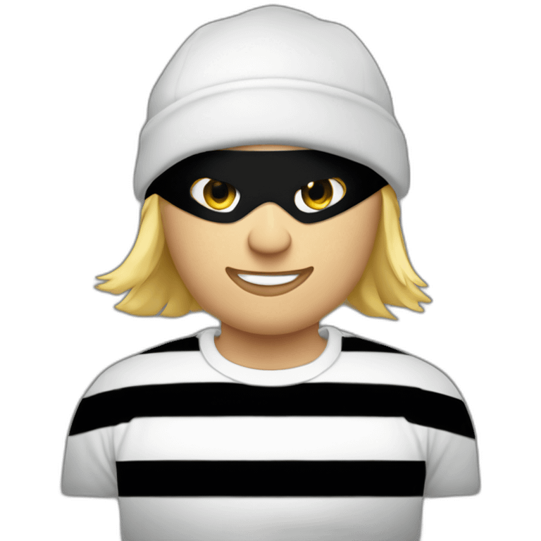 robber with blonde hair wearing a black beanie and a long sleeved white and black horizontally striped t-shirt and wearing black eye mask and a bag of money in his shoulder emoji