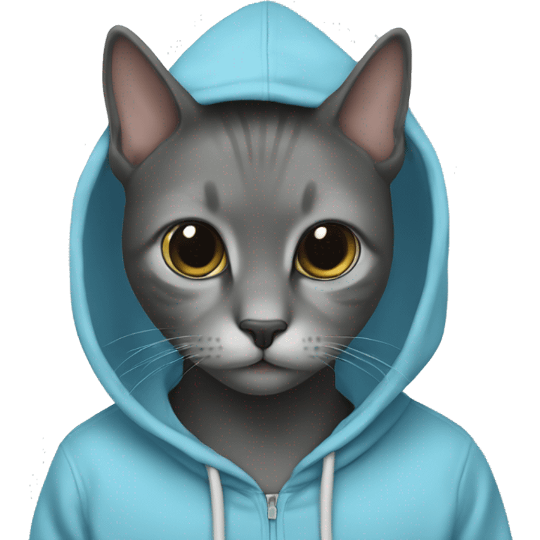 Cat wearing baby blue hoodie and a black MacBook emoji