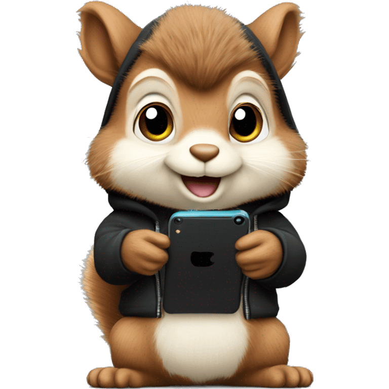 Cute realistic fluffy Squirrel with fluffy ears in black hoodie holding an iPhone  emoji