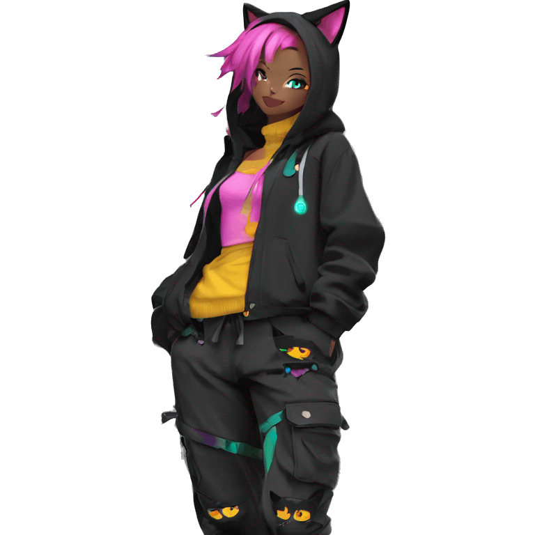 Edgy Anthro cool shy colorful urban beautiful pretty anime Black cat-Pokémon techwear cargo pants hoodie emoji