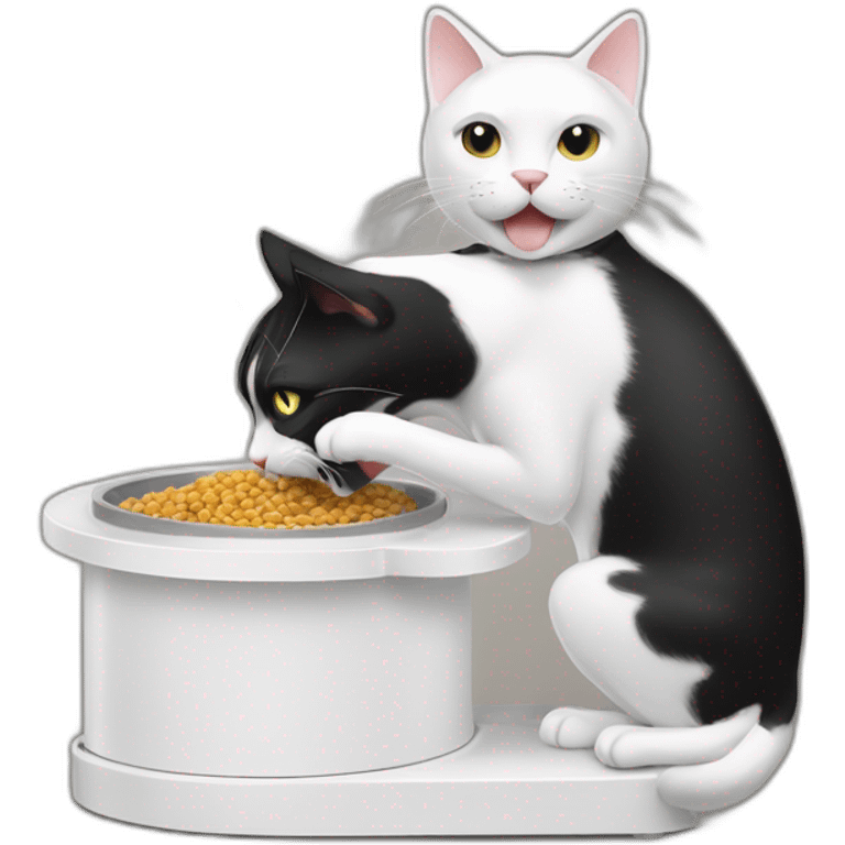 A black and white cat fighting with a pet feeder white machine emoji