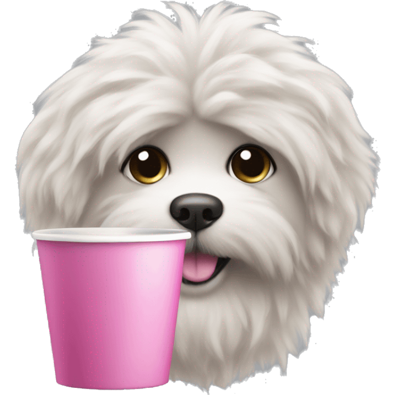 Fluffy dog with a pink cup emoji