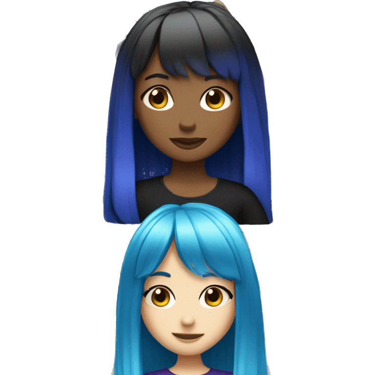 girl with long hair and bangs who is pale and has blue eyes and purple hair wearing black emoji