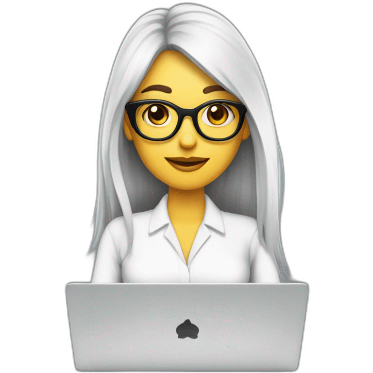 mujer piel blanca pelo largo negro gafas y trabajando en laptop emoji