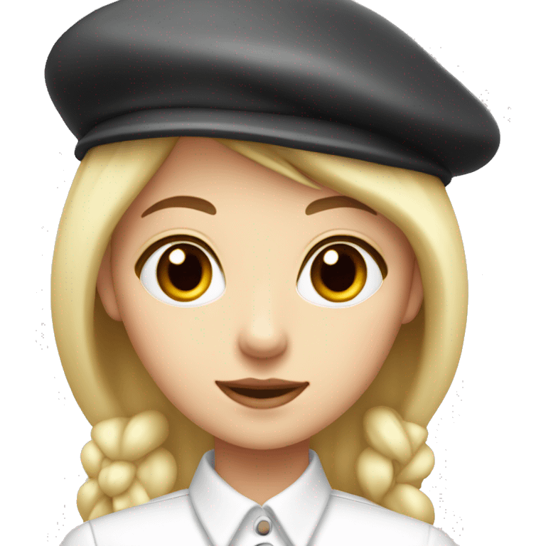 blonde girl, red eyes, white buttoned shirt, beret emoji