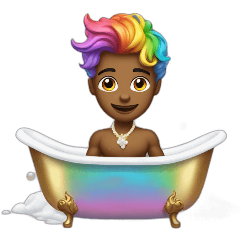 posh-muscle-boy-with-pearl-necklace-and-rainbow-unicorn-hair-in-golden-bathtub emoji